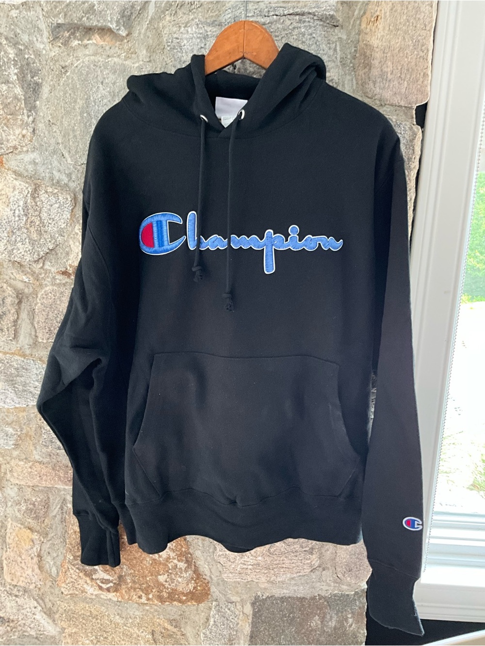 Champion Black Hoodie with Light Blue Tag